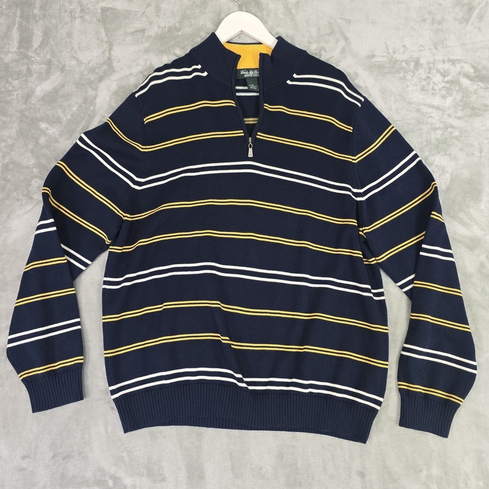 Brooks Brothers Mens VTG Quarter Zip Sweater‎ XL Striped Blue Yellow Preppy